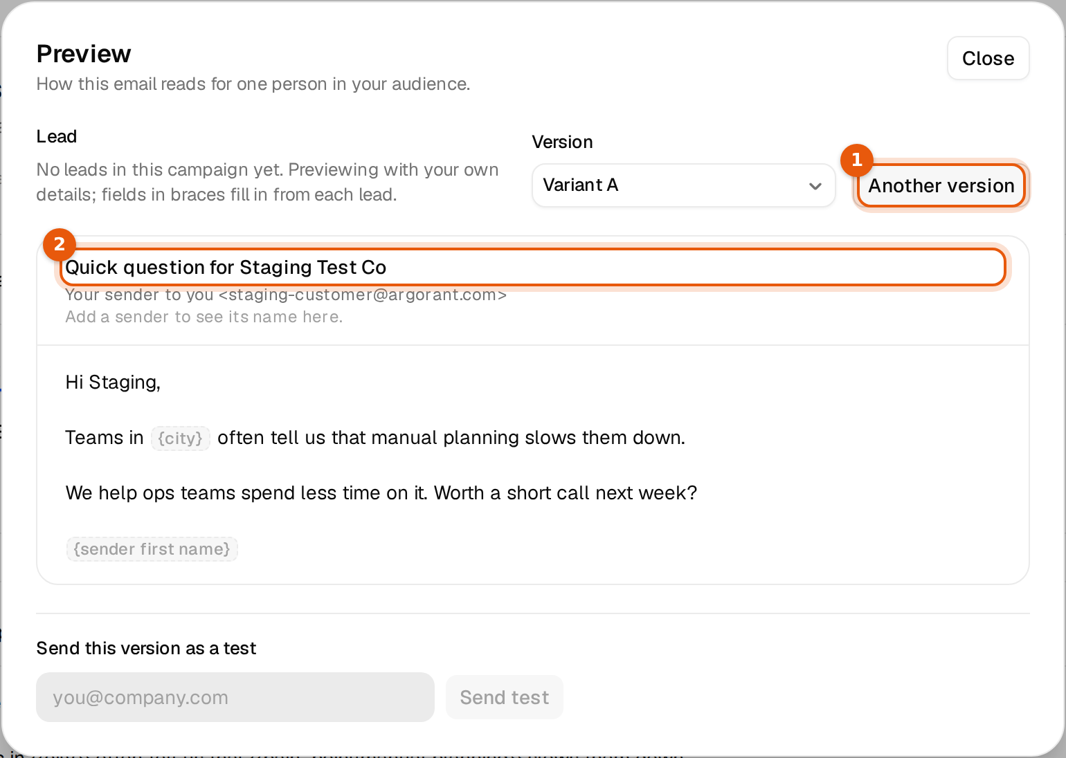 The preview window where {{company|your team}} and {{pain_point|manual planning}} are filled and {city} stays grey