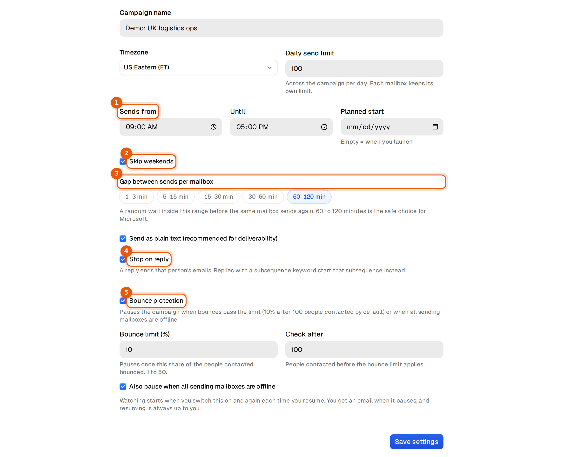 The Settings tab with sending hours, Skip weekends, the gap between sends, Stop on reply and Bounce protection