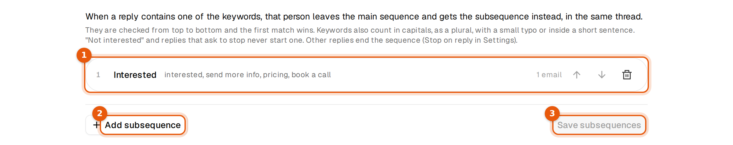 The Subsequences tab with one folded subsequence, Add subsequence and Save subsequences