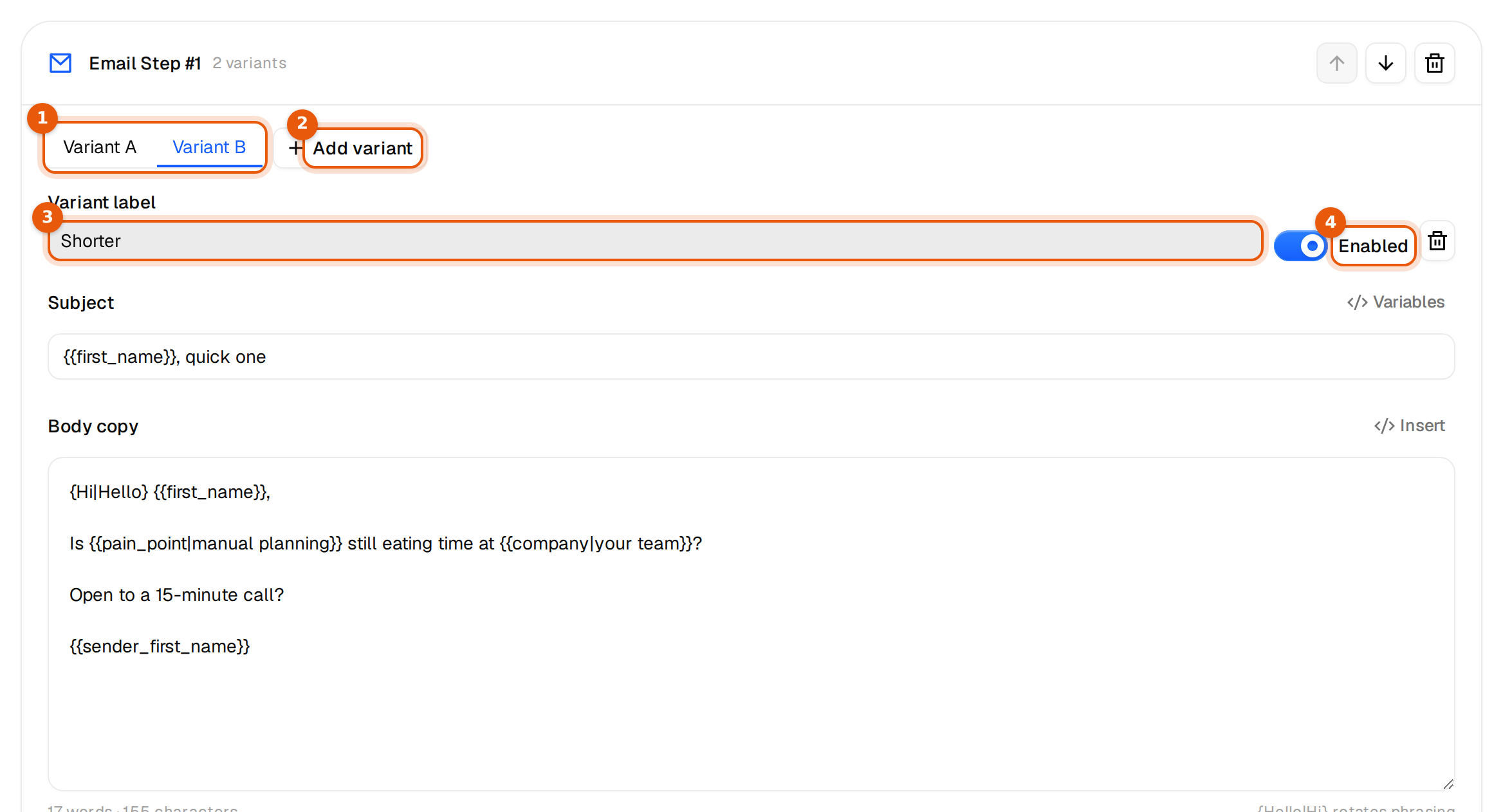 The first email with the tabs Variant A and Variant B, the Variant label field and the Enabled switch