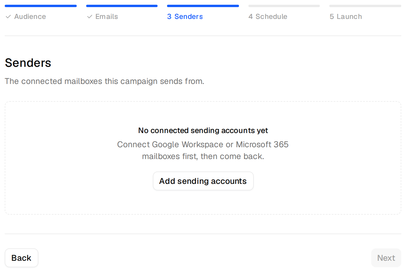 The Senders step with no connected mailboxes and an Add sending accounts button
