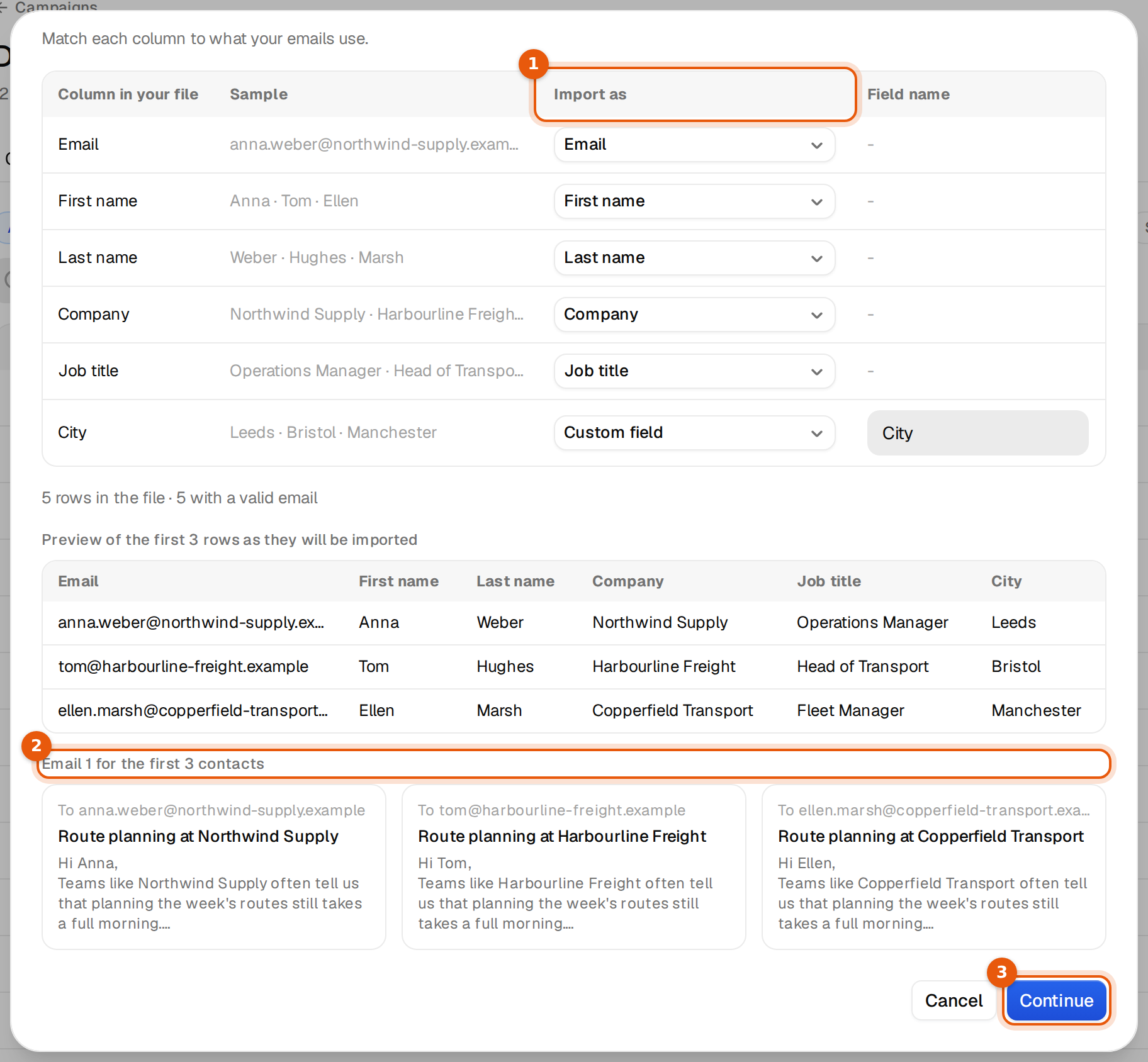 The Columns step of a CSV upload with the column mapping and the first email rendered for three contacts
