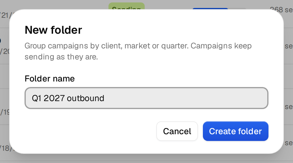 The New folder dialog with the Folder name field and the Create folder button
