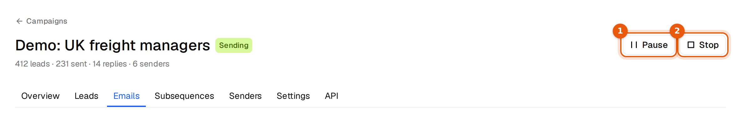 A sending campaign with the Pause and Stop buttons marked
