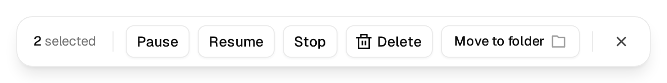 The bulk bar with 2 selected and the buttons Pause, Resume, Stop, Delete and Move to folder