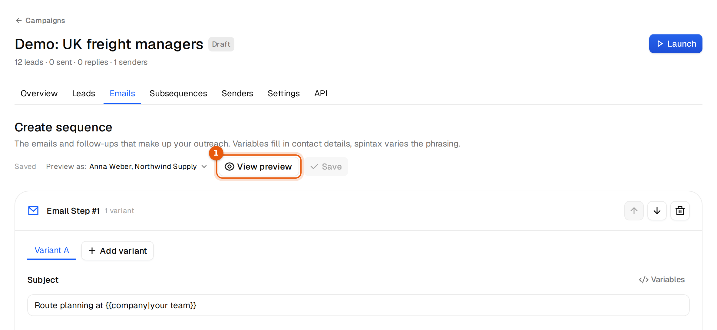 The Emails tab of a campaign with the View preview button marked