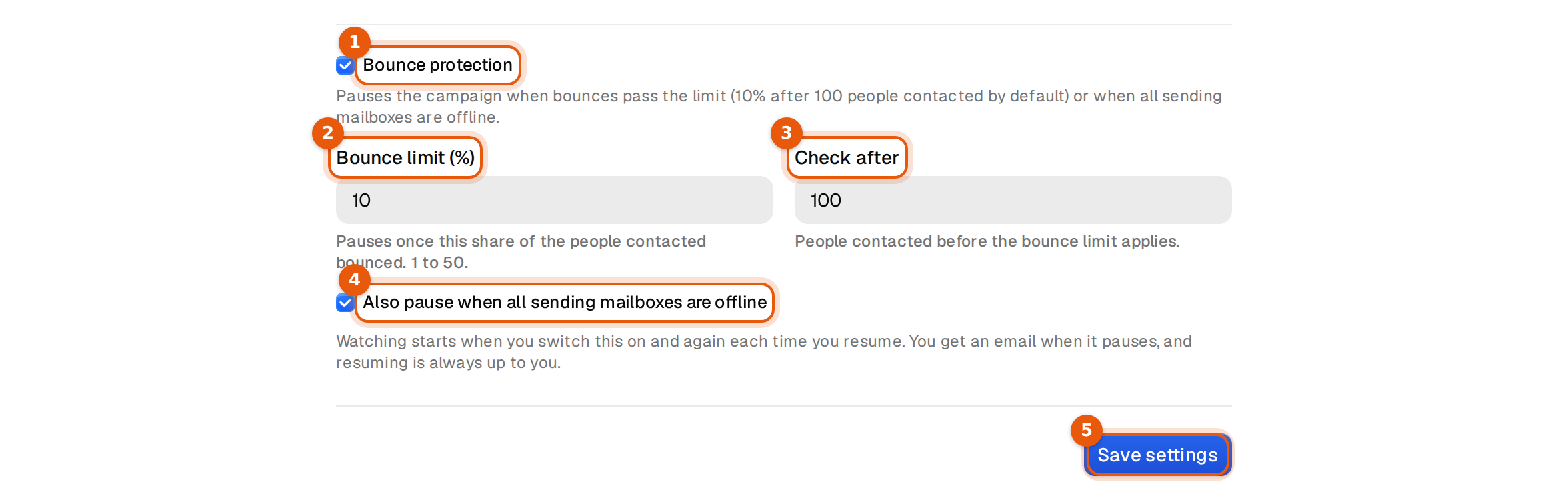 The Bounce protection part of the Settings tab with Bounce limit, Check after, the offline option and Save settings marked