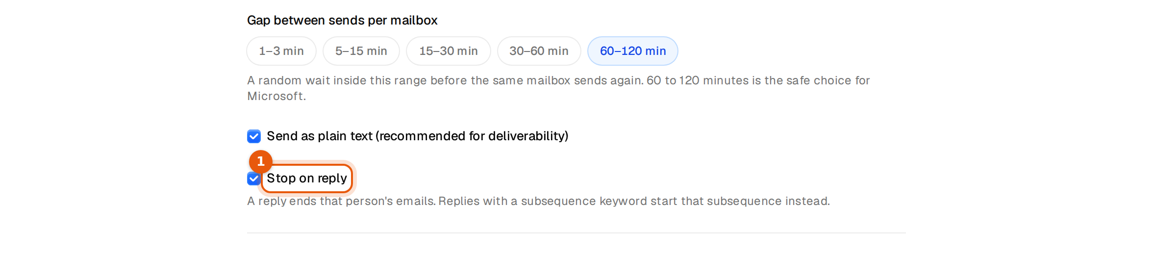 The campaign Settings tab with Send as plain text and Stop on reply ticked