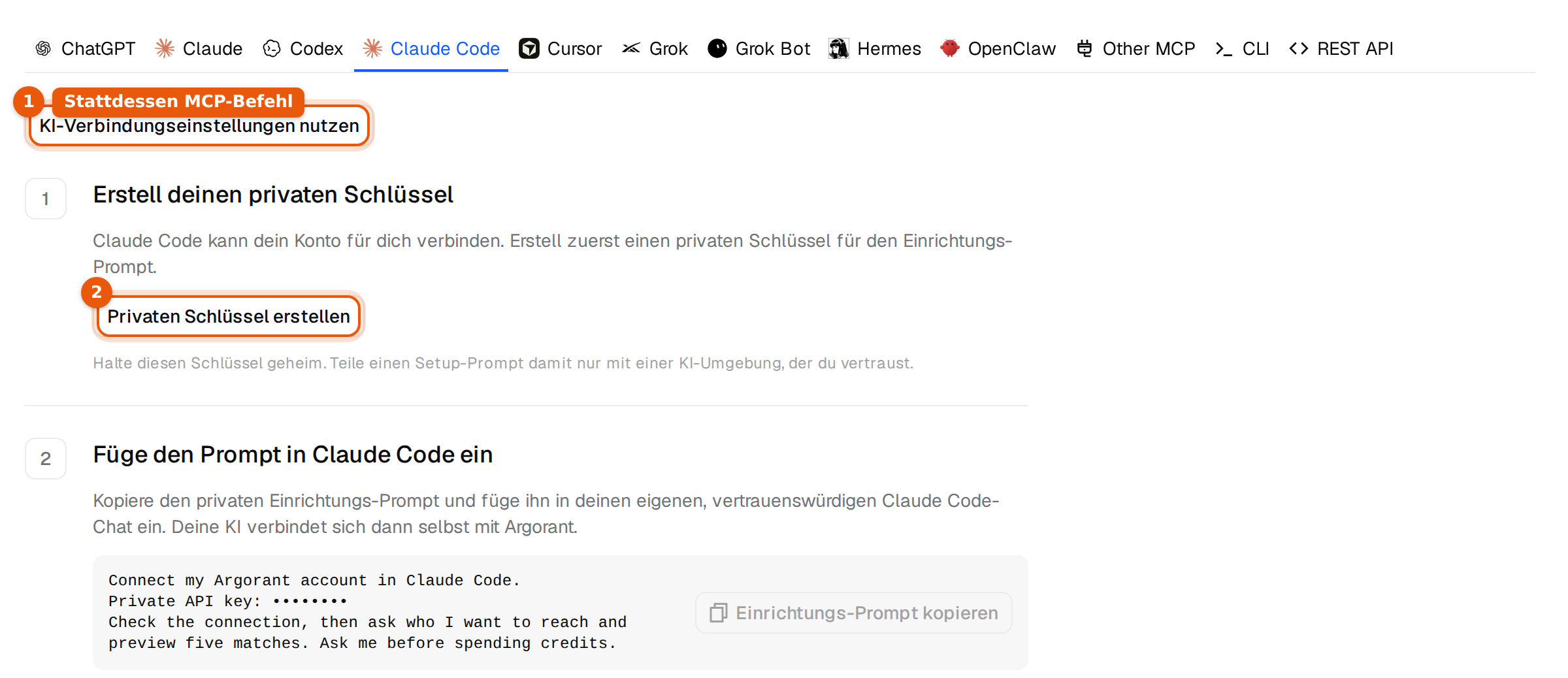 Der Tab Claude Code mit dem Button KI-Verbindungseinstellungen nutzen und dem Button Privaten Schlüssel erstellen
