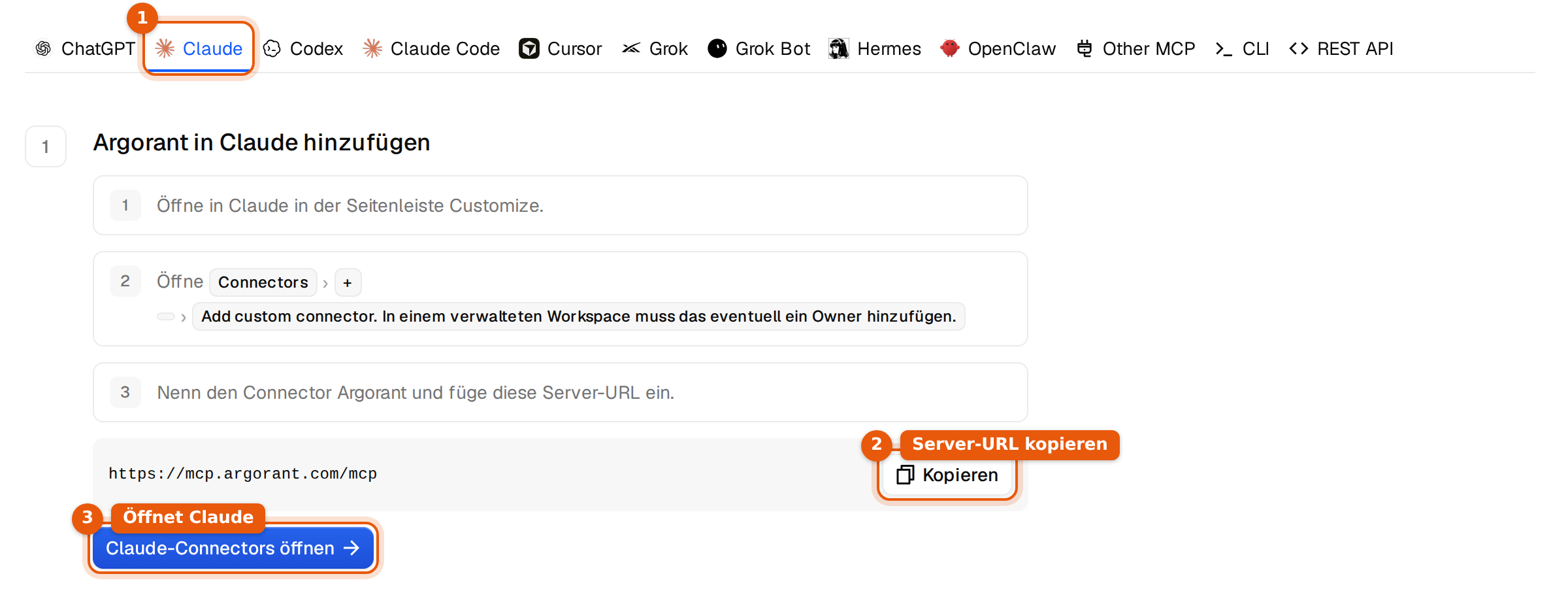 Der Tab Claude mit markiertem Tab, dem Button Kopieren neben der Server-Adresse und dem Button Claude-Connectors öffnen