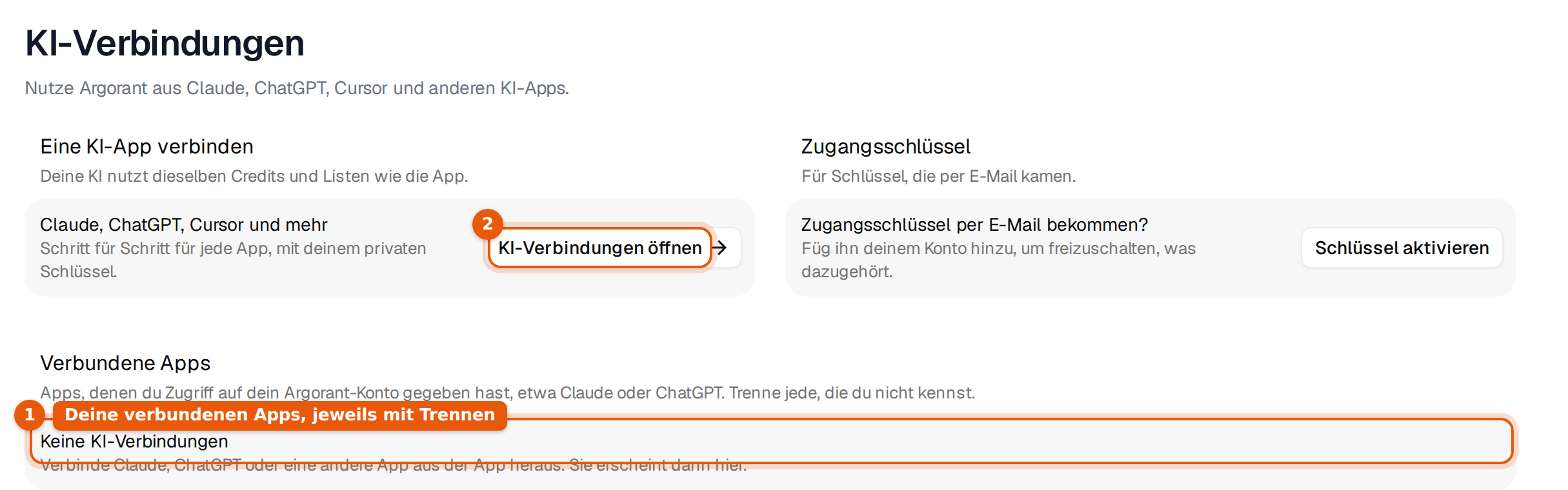 Einstellungen, KI-Verbindungen, mit Eine KI-App verbinden, Zugangsschlüssel und Verbundene Apps