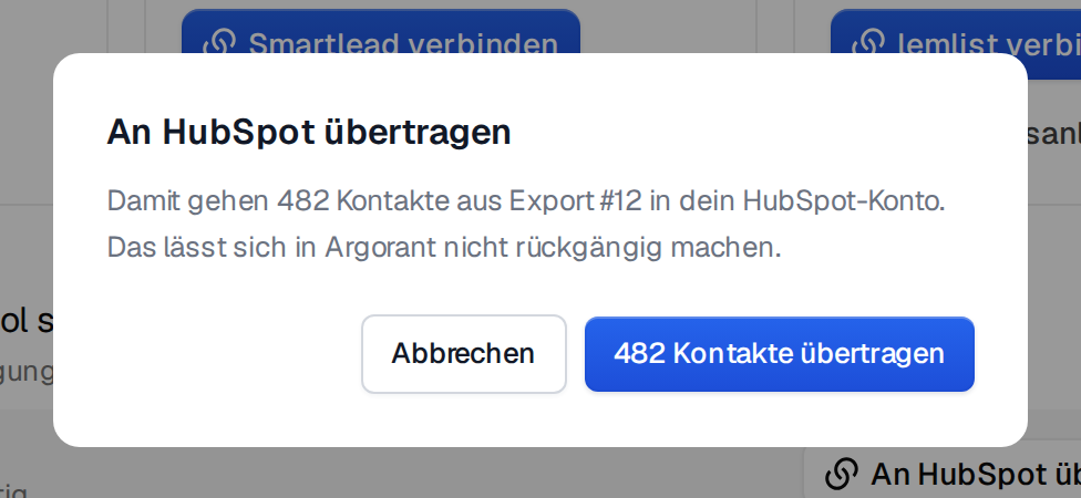 Das Fenster An HubSpot übertragen: Damit gehen 482 Kontakte aus Export #12 in dein HubSpot-Konto, mit den Buttons Abbrechen und 482 Kontakte übertragen