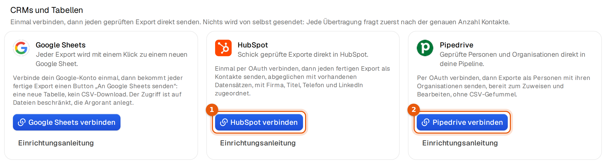 Der Teil CRMs und Tabellen mit Karten für Google Sheets, HubSpot und Pipedrive, die Buttons HubSpot verbinden und Pipedrive verbinden sind markiert