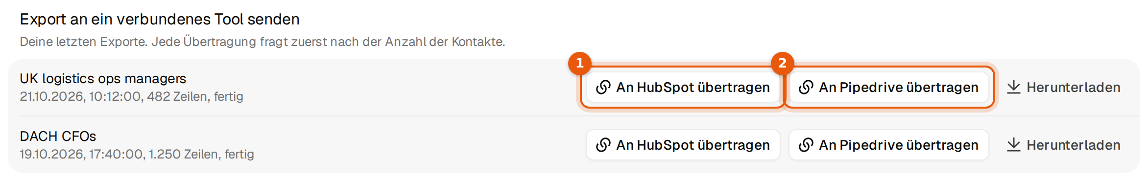 Zwei fertige Exporte, jeweils mit den Buttons An HubSpot übertragen, An Pipedrive übertragen und Herunterladen
