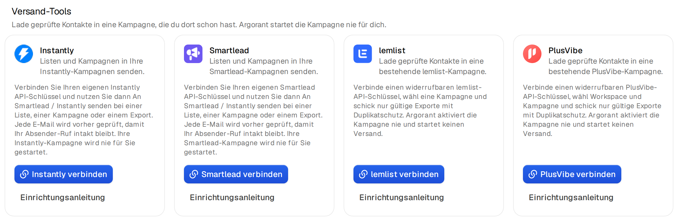 Der Teil Versand-Tools mit Karten für Instantly, Smartlead, lemlist und PlusVibe, jeweils mit Verbinden-Button und Einrichtungsanleitung