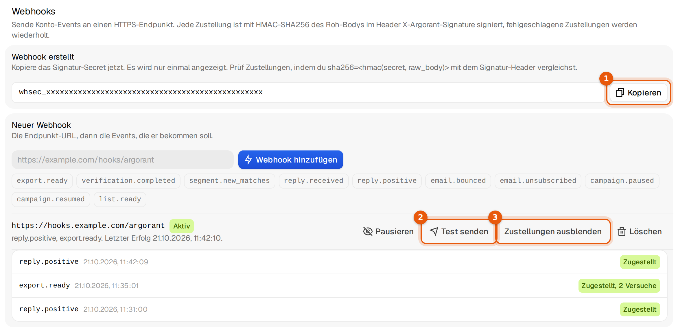 Ein erstellter Webhook mit maskiertem Signatur-Secret und Button Kopieren, die Webhook-Zeile mit Pausieren, Test senden, Zustellungen ausblenden und Löschen, darunter drei zugestellte Events