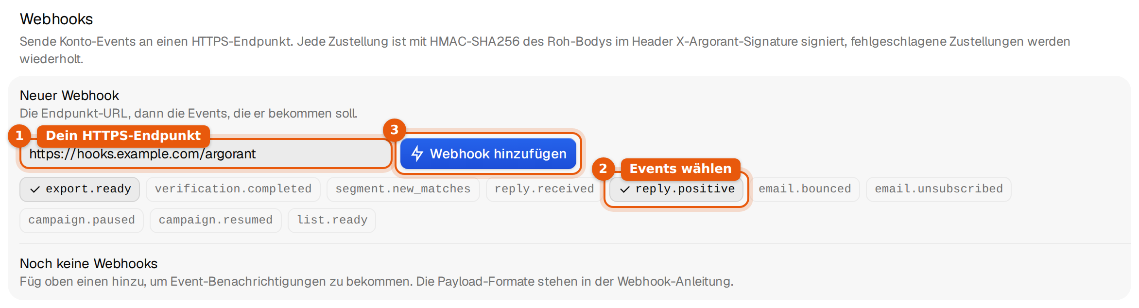 Das Formular Neuer Webhook mit der Adresse https://hooks.example.com/argorant, den gewählten Events export.ready und reply.positive und dem Button Webhook hinzufügen
