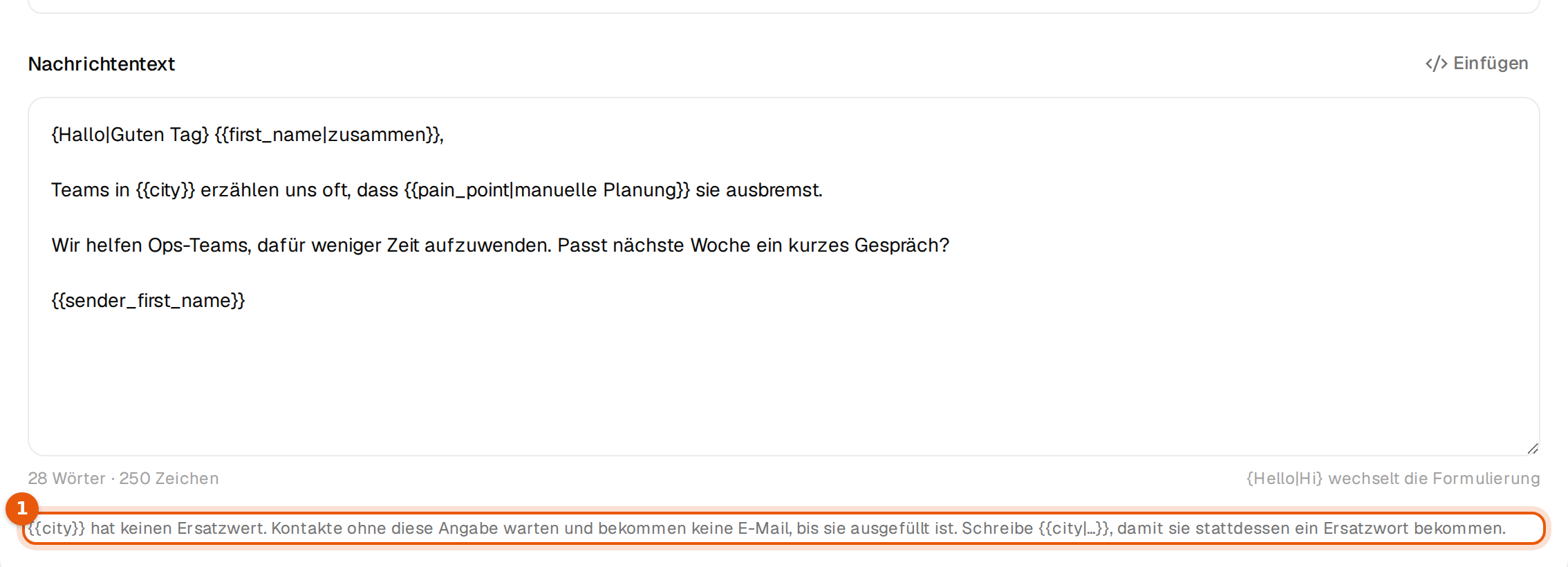 Ein Hinweis unter dem Text, dass {{city}} keinen Ersatzwert hat