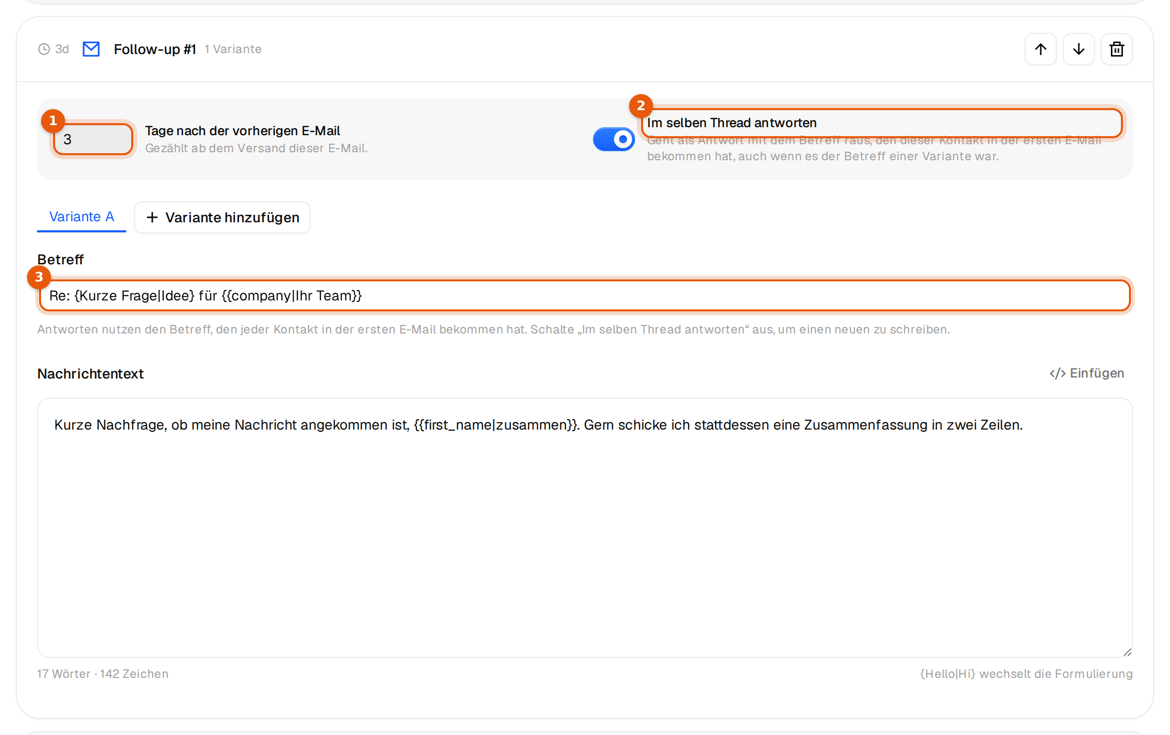 Eine Follow-up-Karte mit Wartezeit, dem Schalter Im selben Thread antworten und einem schreibgeschützten Re:-Betreff