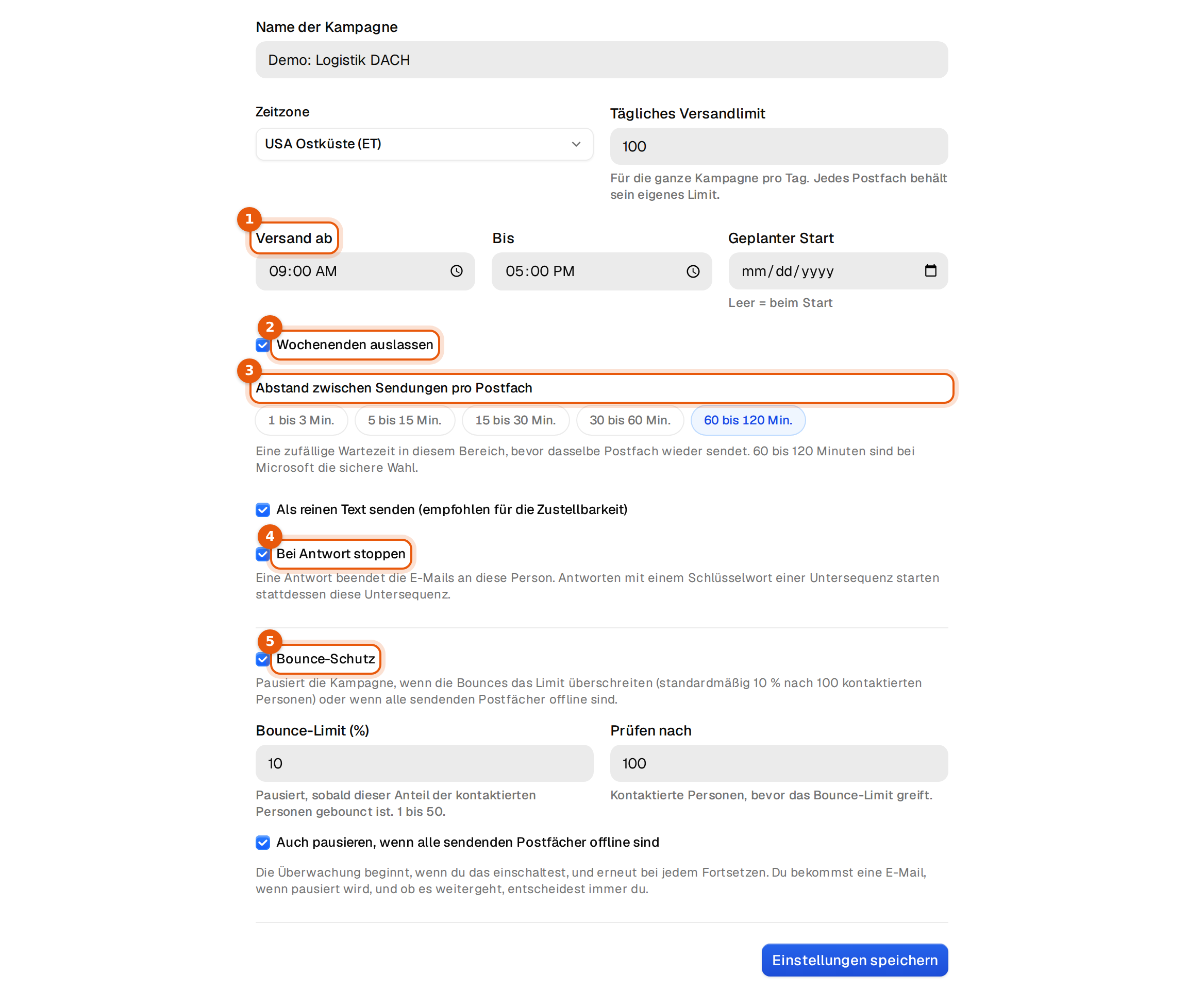Der Tab Einstellungen mit Versandzeiten, Wochenenden auslassen, Abstand, Bei Antwort stoppen und Bounce-Schutz