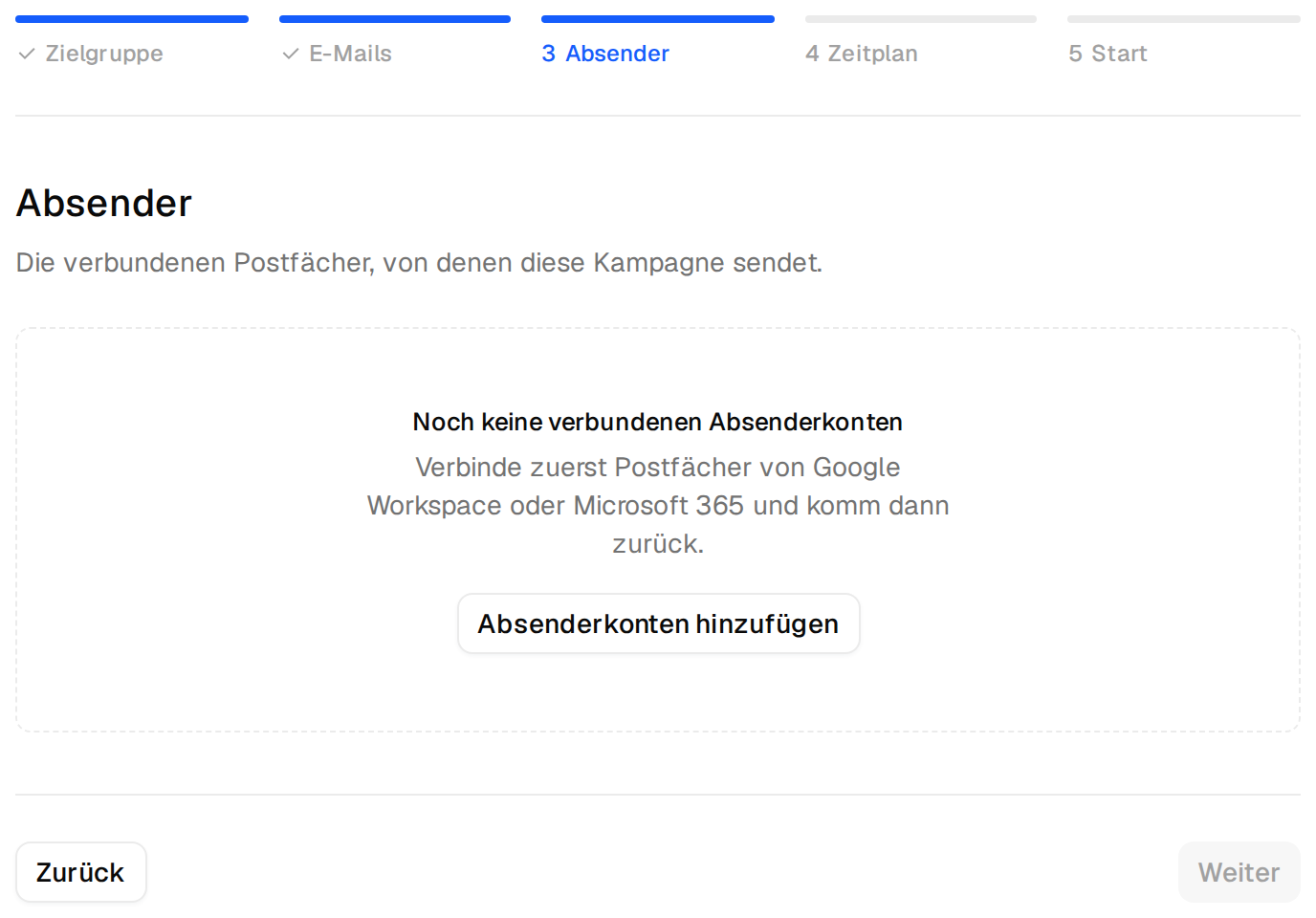 Der Schritt Absender ohne verbundene Postfächer mit dem Knopf Absenderkonten hinzufügen