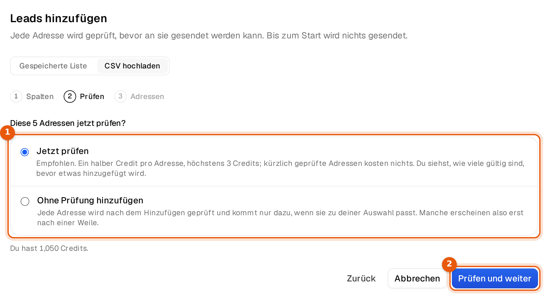 Der Schritt Prüfen mit den Optionen Jetzt prüfen und Ohne Prüfung hinzufügen
