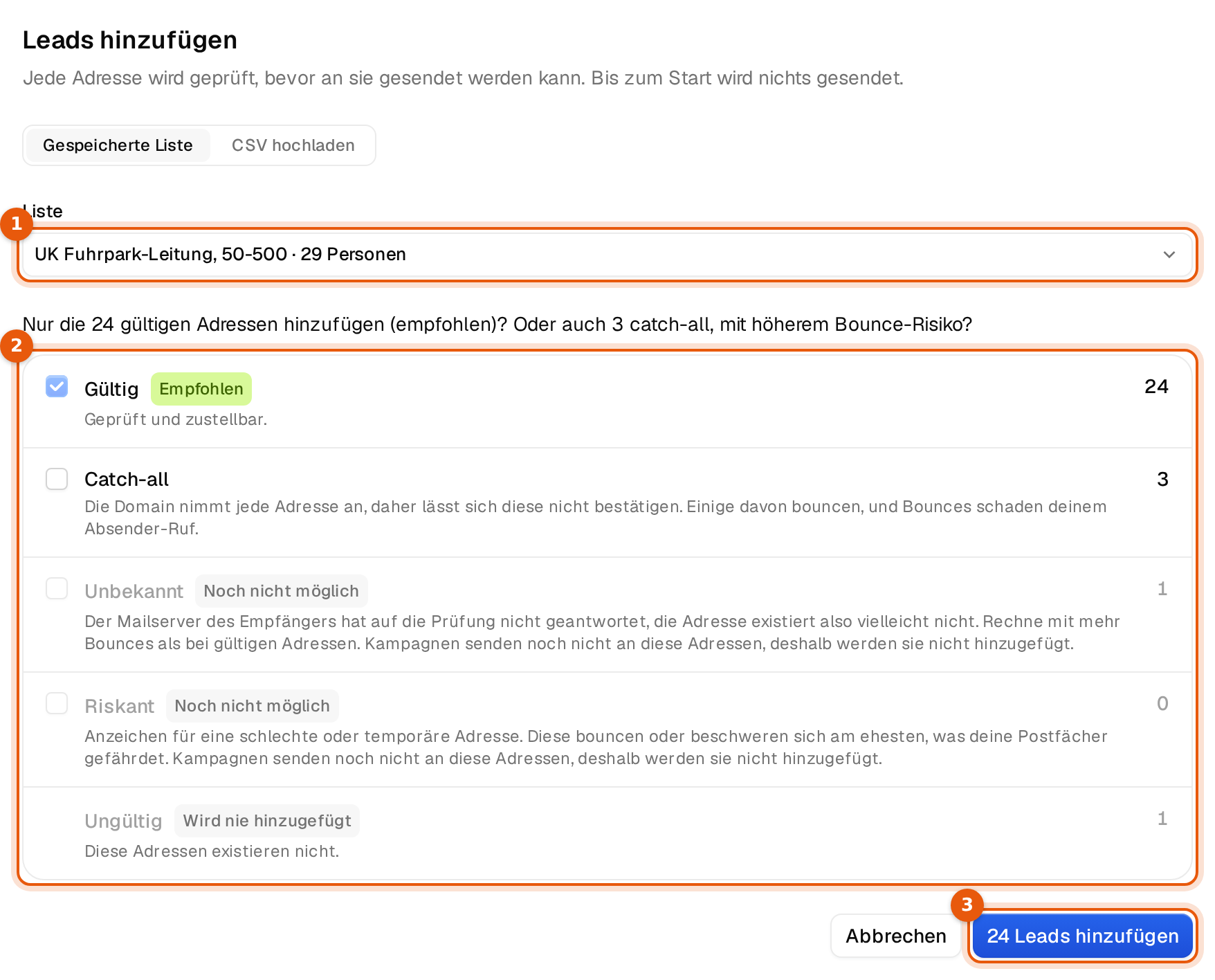 Das Fenster Leads hinzufügen mit gewählter Liste und der Auswahl der Prüfstufen mit Zahlen für Gültig, Catch-all, Unbekannt, Riskant und Ungültig