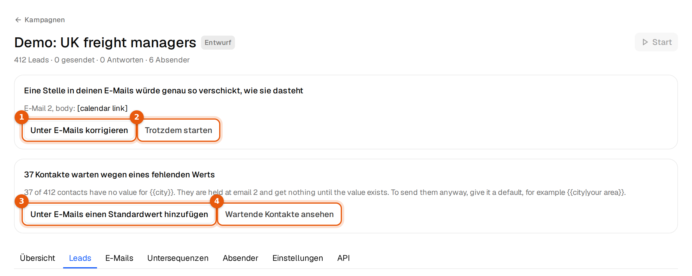 Zwei Kästen über den Kampagnen-Tabs: eine Stelle würde genau so verschickt, und 37 Kontakte warten wegen eines fehlenden Werts