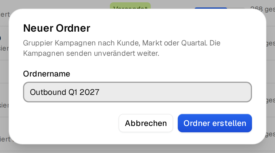 Das Fenster Neuer Ordner mit dem Feld Ordnername und dem Button Ordner erstellen
