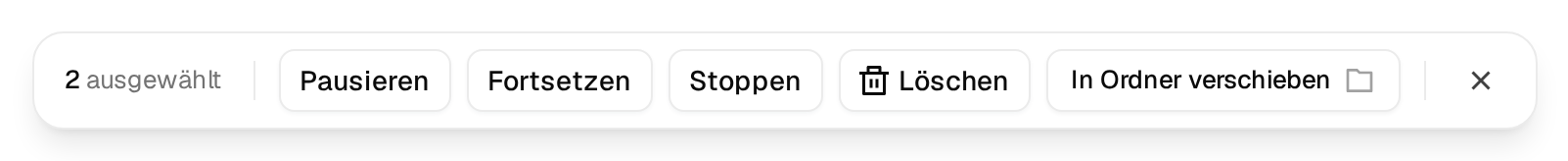 Die Leiste für Sammelaktionen mit 2 ausgewählt und den Buttons Pausieren, Fortsetzen, Stoppen, Löschen und In Ordner verschieben
