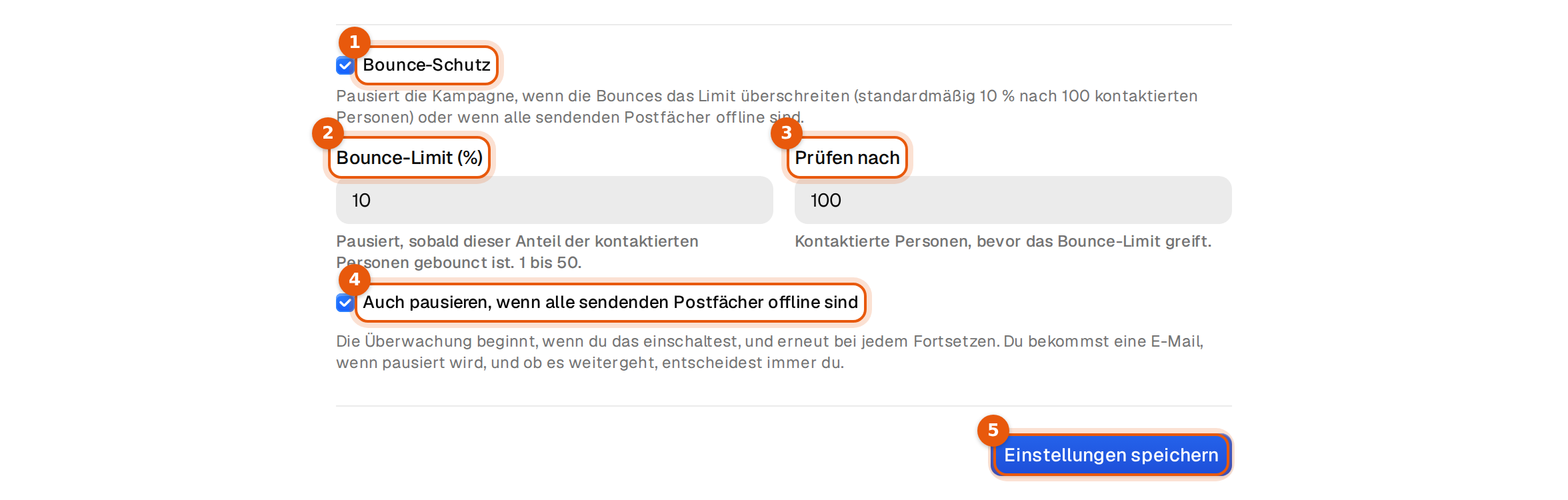 Der Bereich Bounce-Schutz im Tab Einstellungen mit markiertem Bounce-Limit, Prüfen nach, der Offline-Regel und Einstellungen speichern