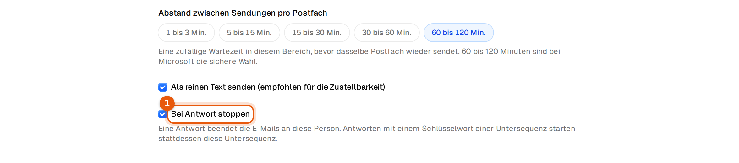 Der Tab Einstellungen einer Kampagne mit angehaktem Als reinen Text senden und Bei Antwort stoppen