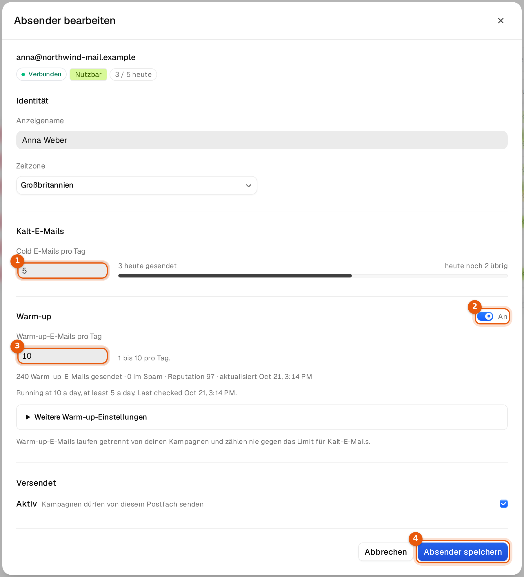 Der Dialog Absender bearbeiten mit Cold E-Mails pro Tag, dem Warm-up-Schalter, Warm-up-E-Mails pro Tag und Absender speichern