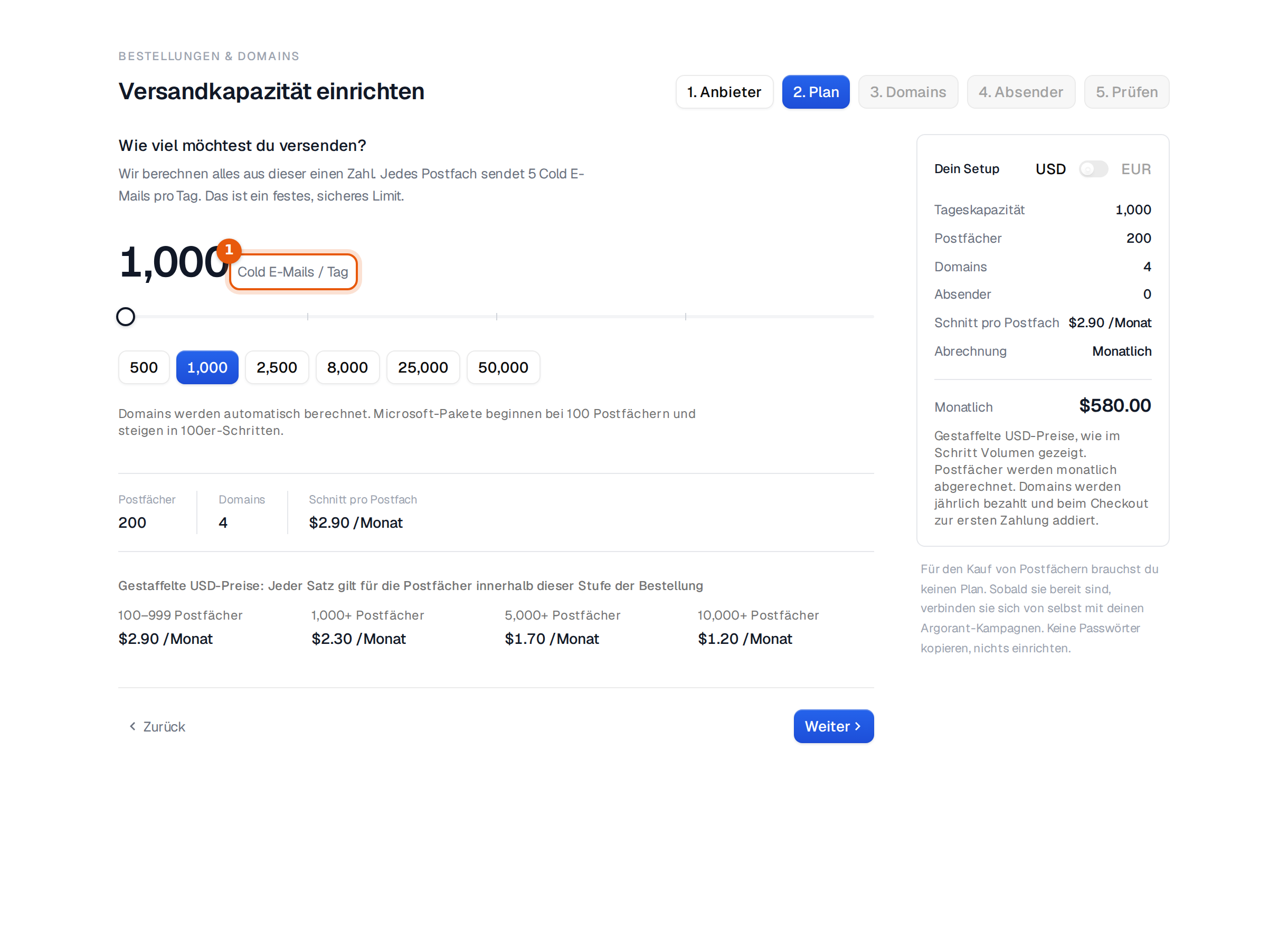 Schritt 2 mit 1.000 Cold E-Mails am Tag, 200 Postfächern, 4 Domains und den gestaffelten Preisstufen