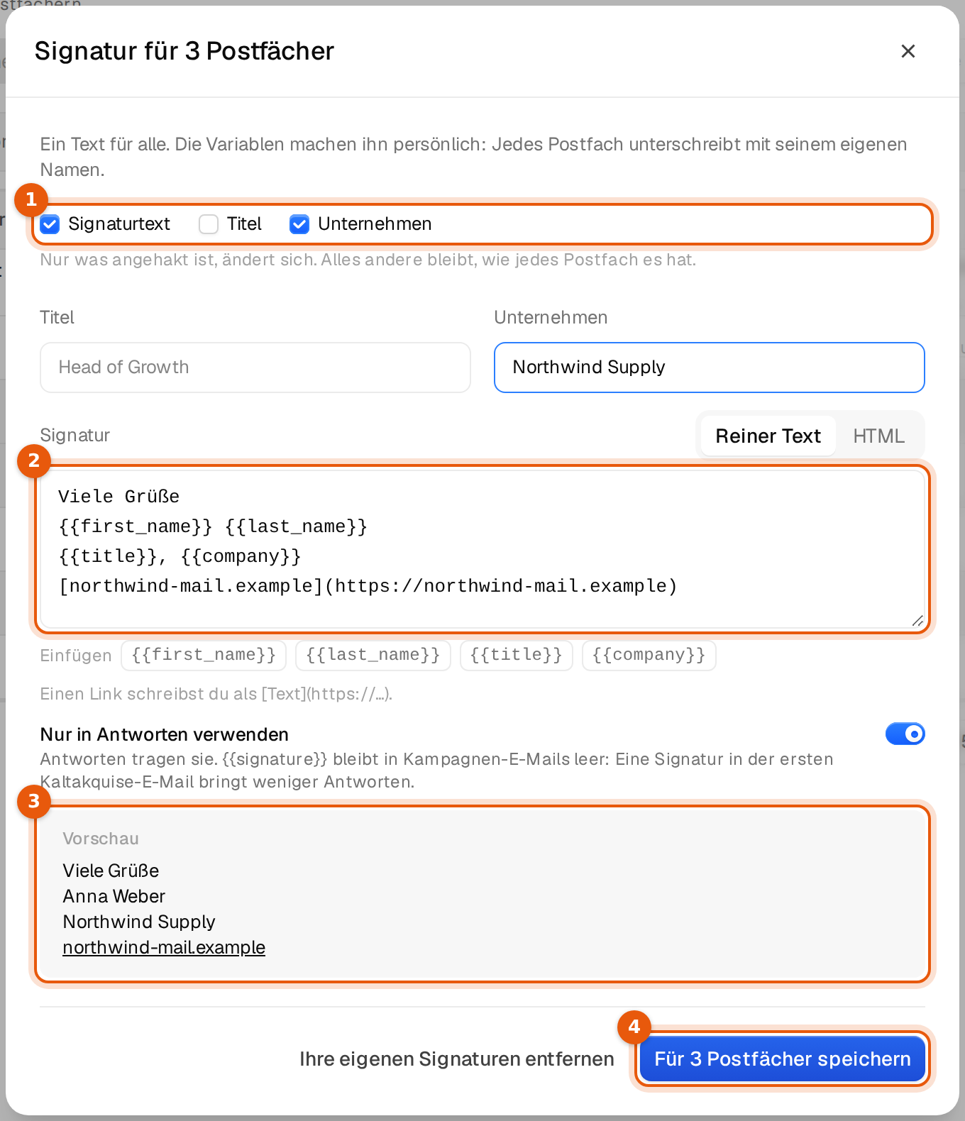 Das Fenster Signatur für 3 Postfächer mit den Kästchen Signaturtext, Titel und Unternehmen, dem Text, der Vorschau und Für 3 Postfächer speichern
