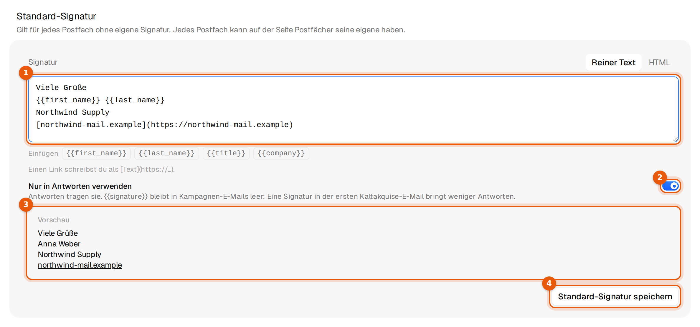 Einstellungen, Postfächer mit dem Text der Standard-Signatur, dem Schalter Nur in Antworten verwenden, der Vorschau und Standard-Signatur speichern
