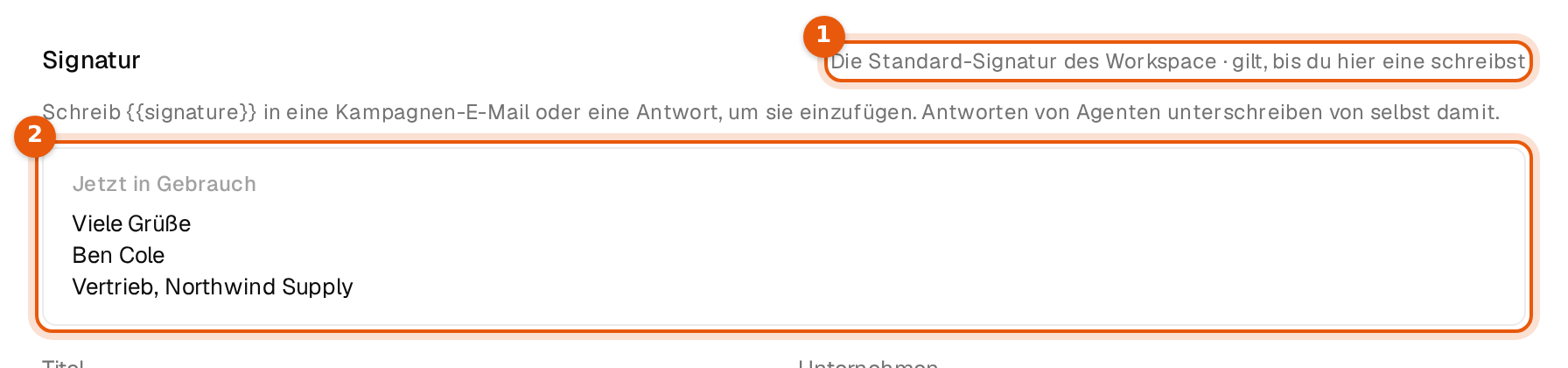Absender bearbeiten für ein Postfach ohne eigene Signatur mit der Anzeige Die Standard-Signatur des Workspace und dem Kasten Jetzt in Gebrauch