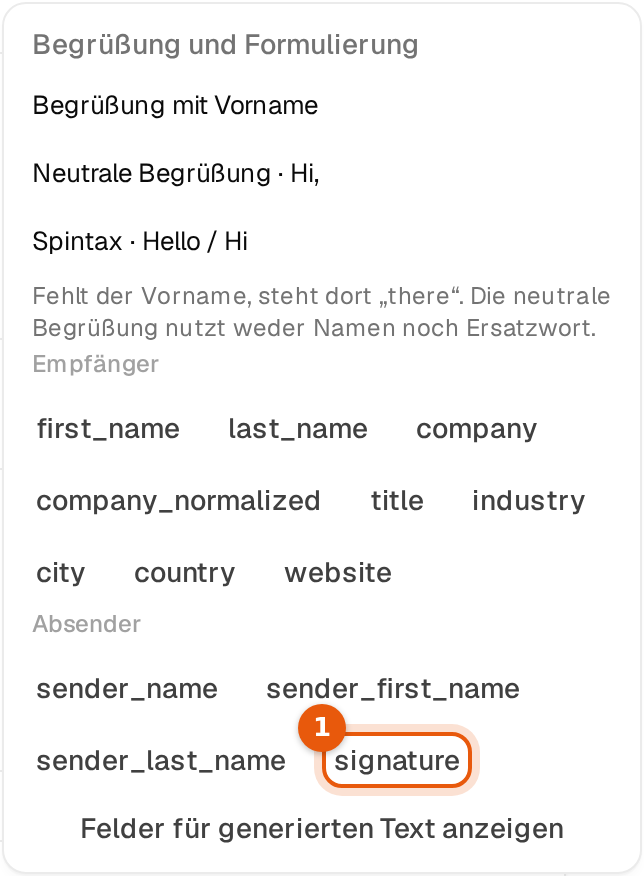 Das Menü Einfügen im E-Mail-Editor mit markiertem Eintrag signature unter Absender
