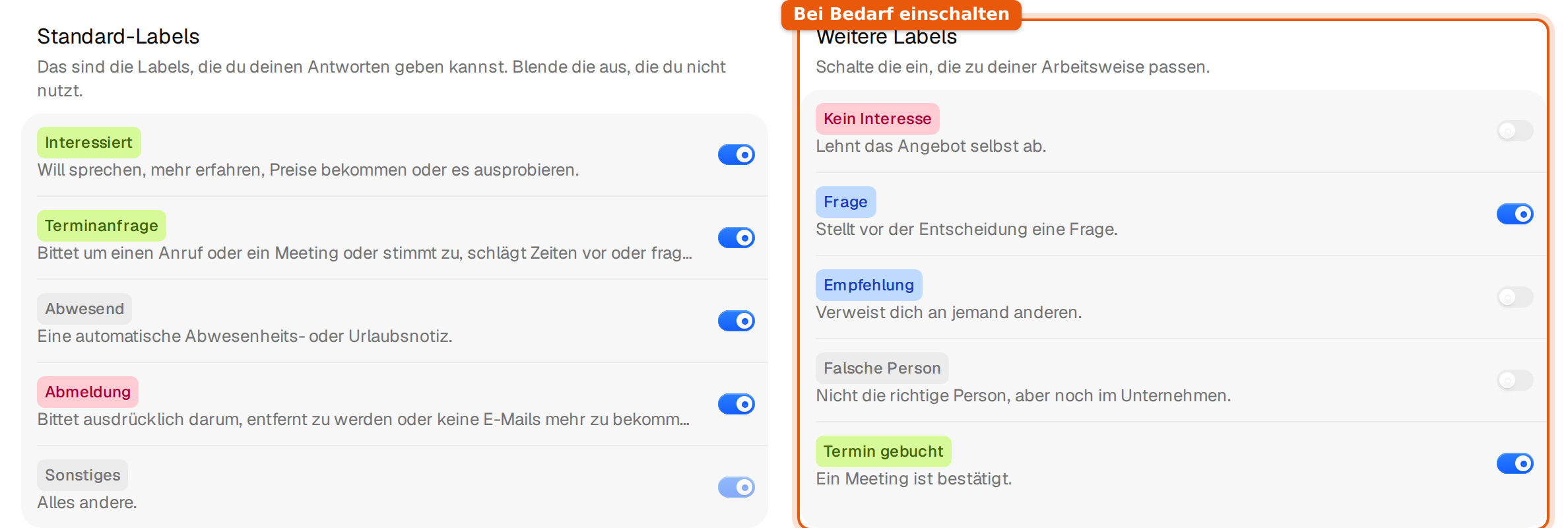 Standard-Labels und Weitere Labels unter Einstellungen, Workspace, mit ihren Schaltern