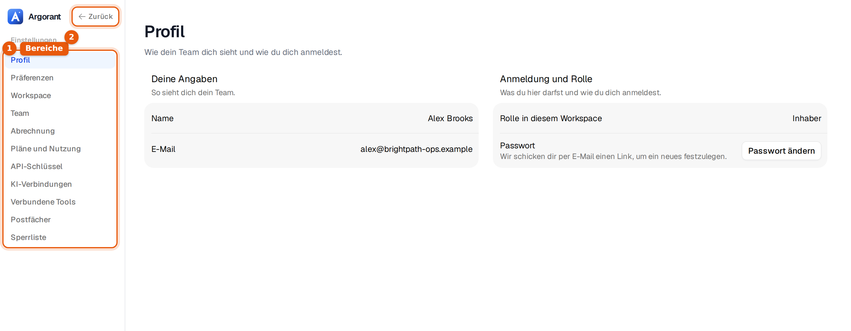 Die Seite Einstellungen mit dem Menü der Bereiche links und dem Button Zurück neben dem Logo