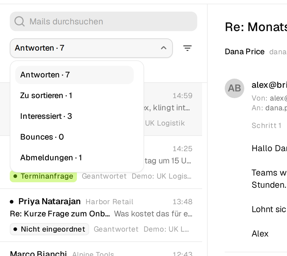 Das geöffnete Ordnermenü mit Antworten, Zu sortieren, Interessiert, Bounces und Abmeldungen samt Anzahl