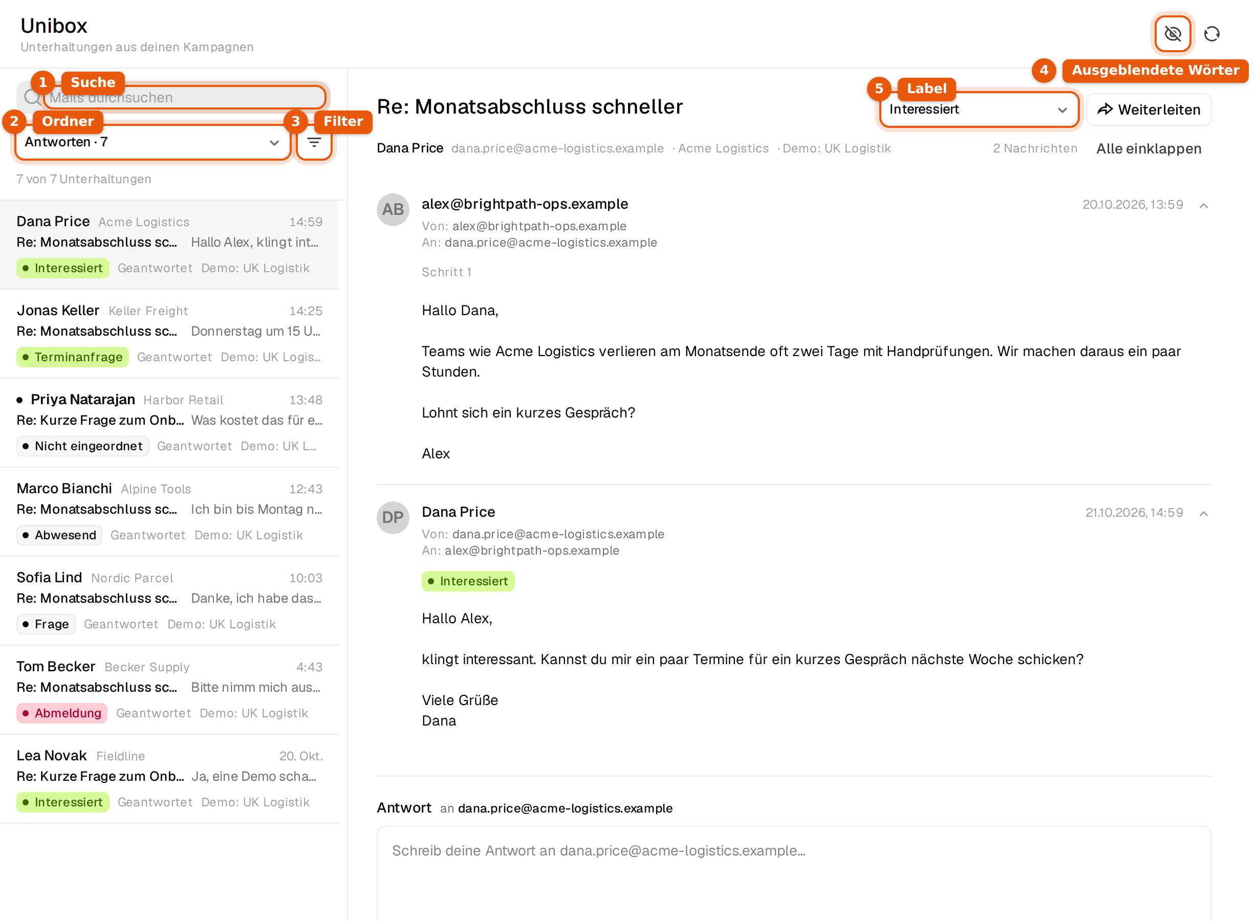 Die Unibox mit Ordnermenü, Filter-Button, Suchfeld und einer geöffneten Unterhaltung