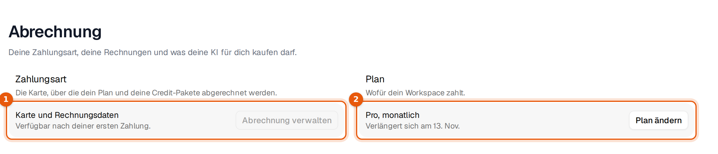 Einstellungen, Abrechnung mit markierter Zahlungsart und markiertem Plan