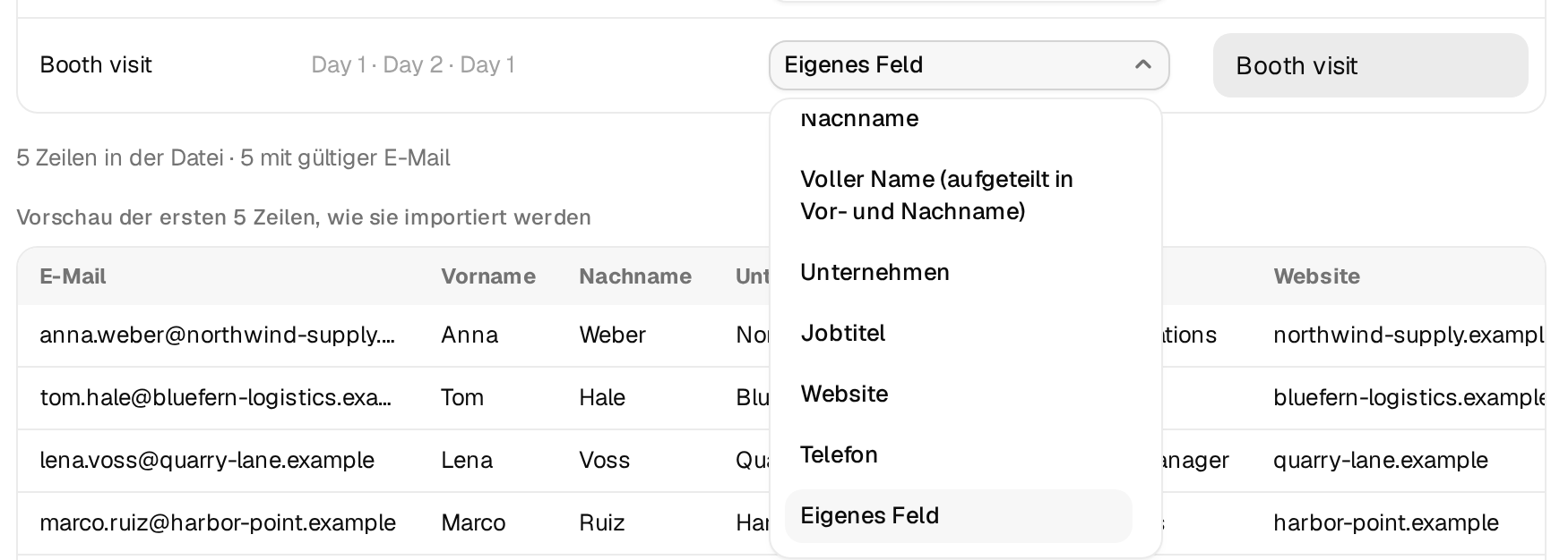 Das geöffnete Auswahlmenü Importieren als bei einer eigenen Spalte