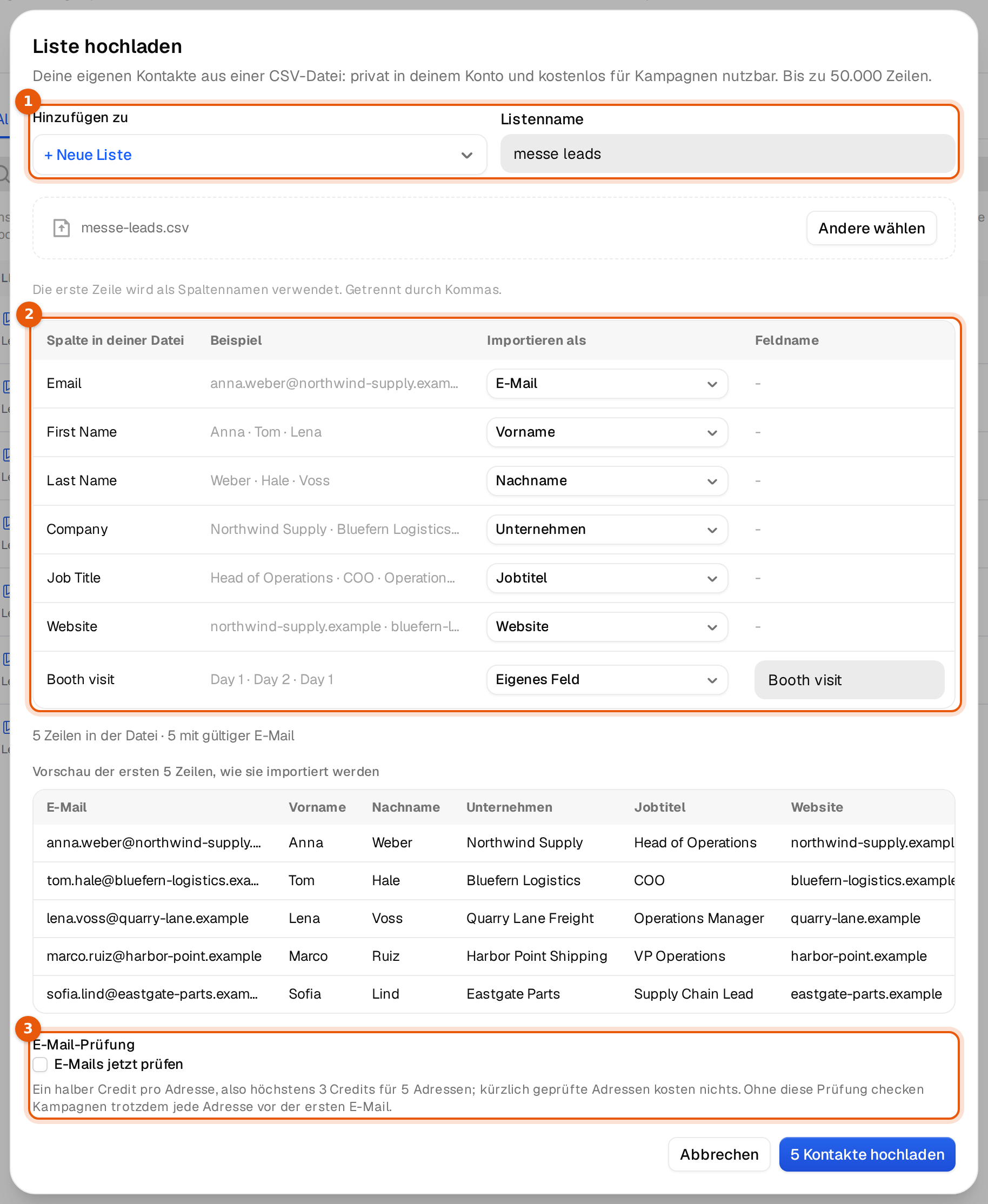 Der Dialog Liste hochladen mit markierter Listenauswahl, Zuordnungstabelle und E-Mail-Prüfung
