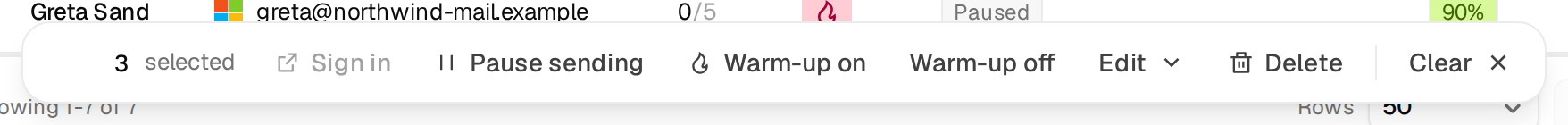 The selection bar with 3 selected, Sign in, Pause sending, Warm-up on, Warm-up off, Edit, Delete and Clear