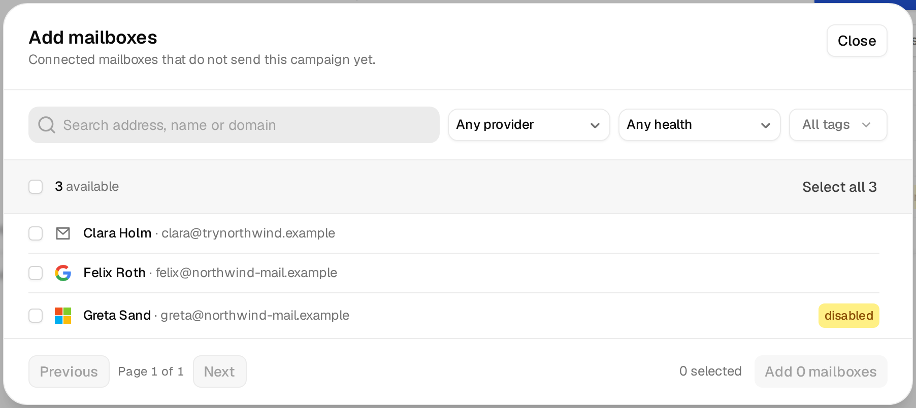 The Add mailboxes dialog listing three connected mailboxes that do not send the campaign yet