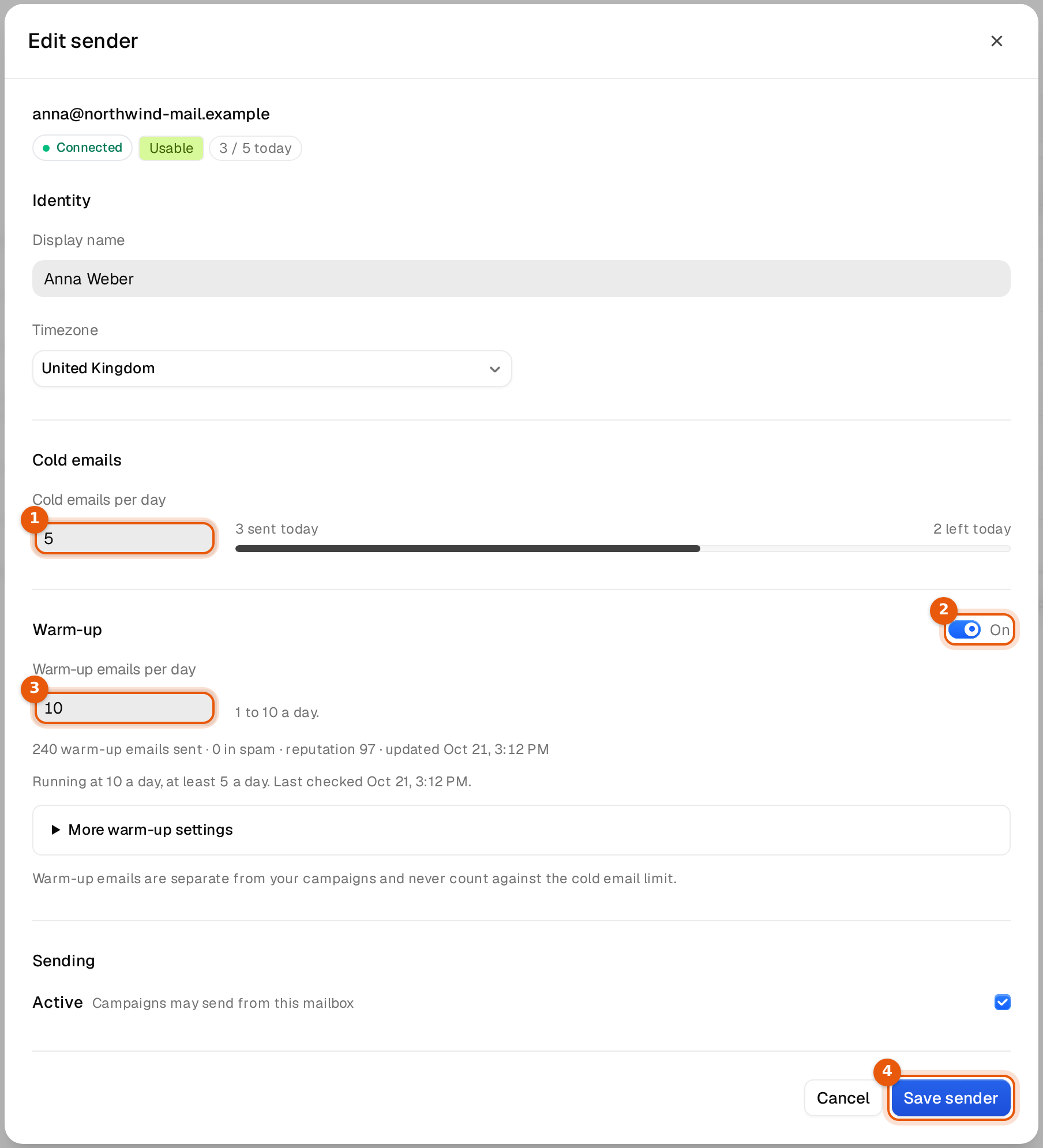 The Edit sender dialog with Cold emails per day, the Warm-up switch, Warm-up emails per day and Save sender