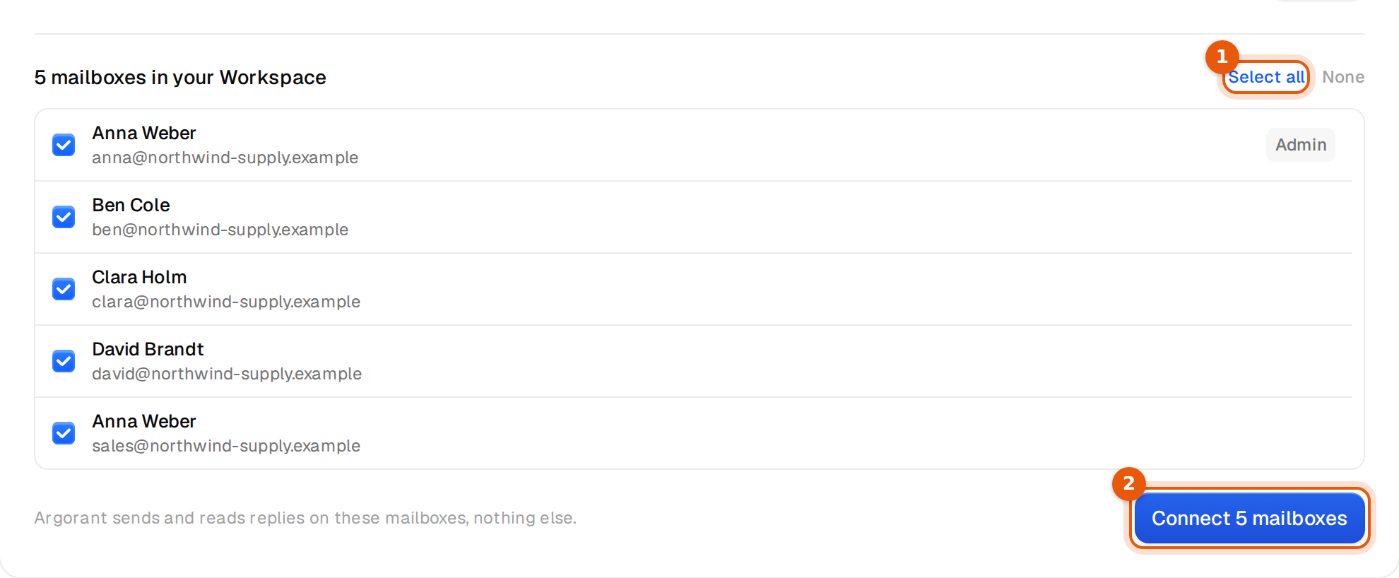 The list of Workspace mailboxes with Select all and the Connect 5 mailboxes button