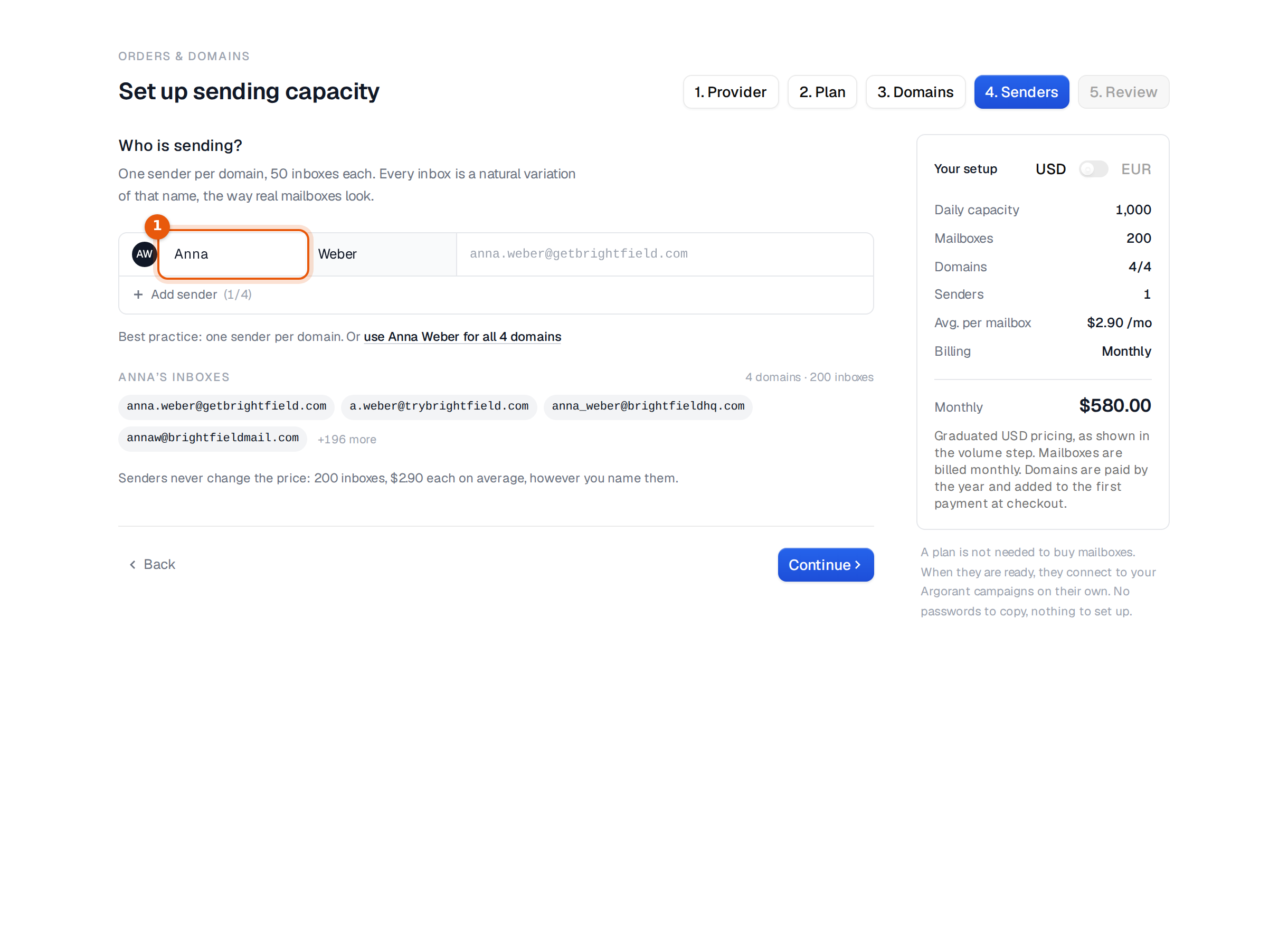 Step 4 with one sender and a preview of the inbox addresses